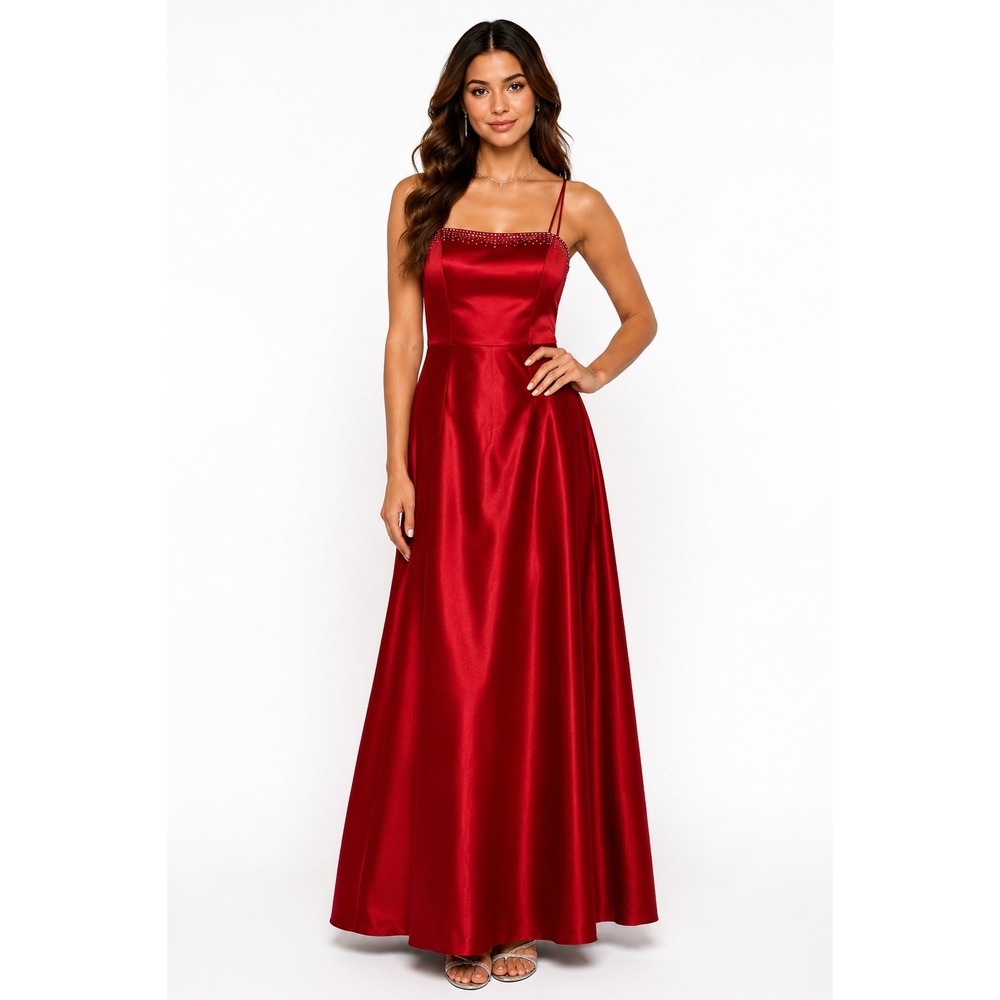 JUMP Red Satin Rhinestone Prom Gown Dress Size 9/10 NWT